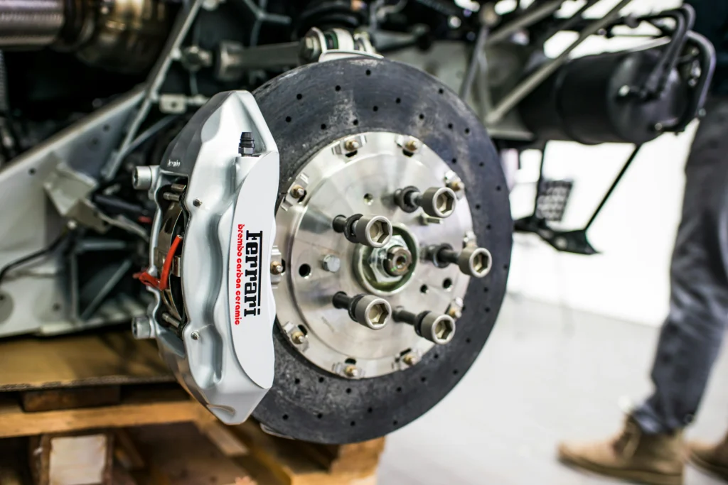 Close-up of a cars break system with the wheel off