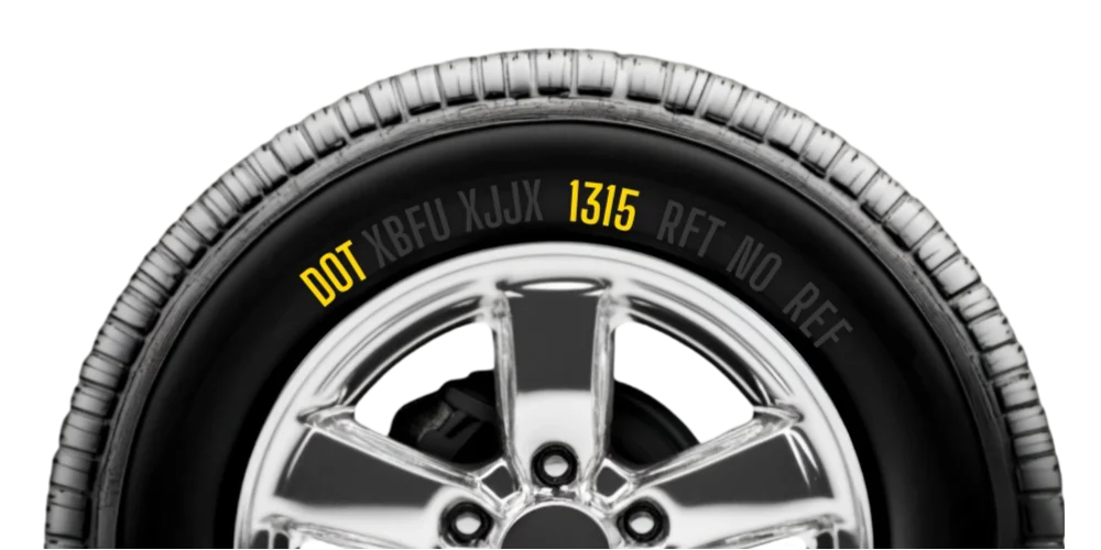 Side view of a car tyre with visible tyre size and markings on the sidewall.