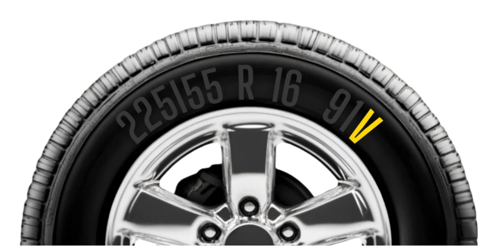 Side view of a car tyre with visible tyre size and markings on the sidewall.